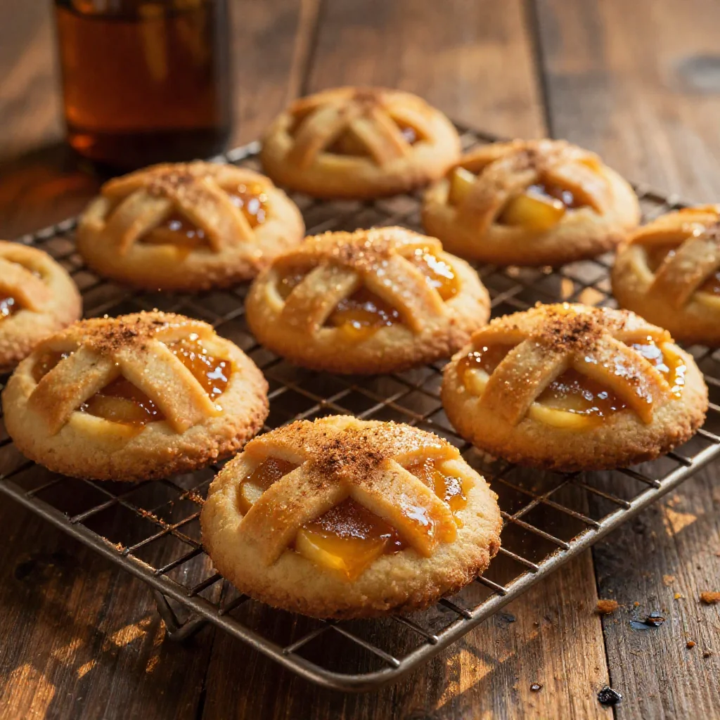Golden-brown apple pie cookies with lattice tops and amber glaze on a wire rack over wood.
