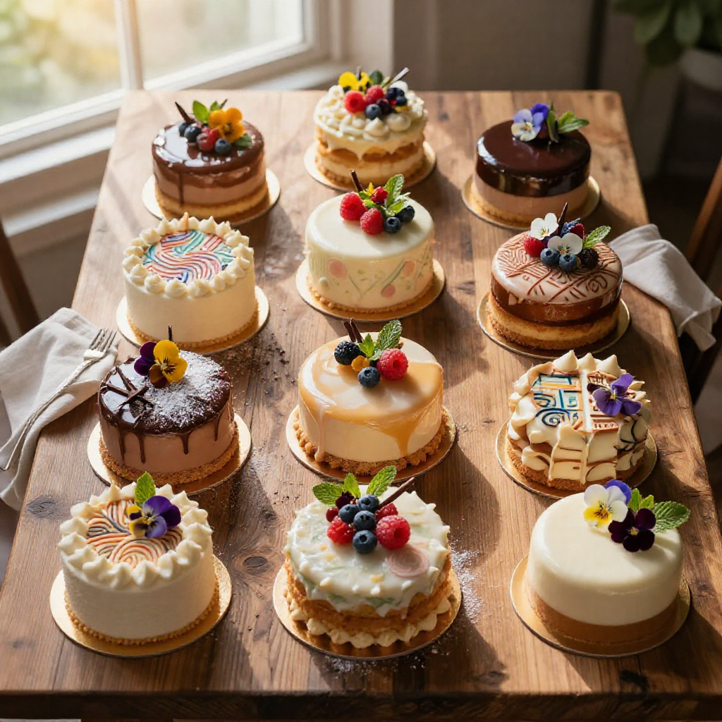 Overhead view of a beautifully garnished cake slice on a rustic wooden table.