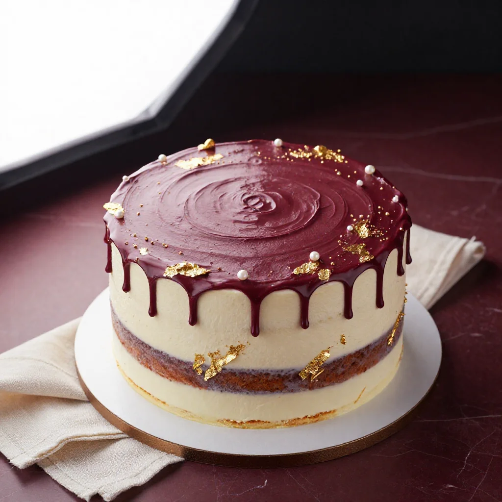Multi-layered cake with deep maroon and off-white frosting, adorned with gold leaf, on a maroon surface.