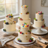 Top-down view of an elegantly plated, candy-covered wedding cake on a rustic wooden table.