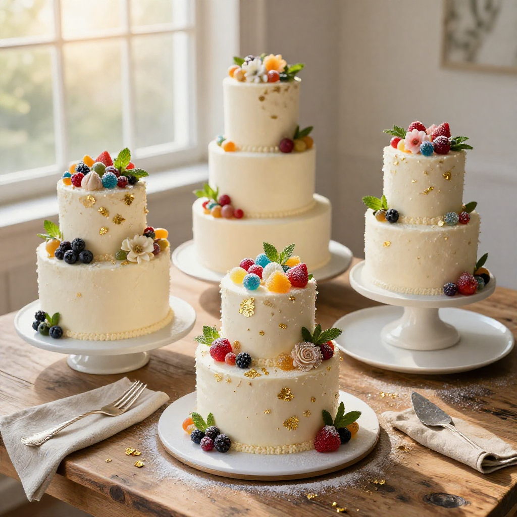 Top-down view of an elegantly plated, candy-covered wedding cake on a rustic wooden table.