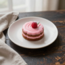 A professional top-down food photograph of a beautifully plated pink and brown layered dessert, designed as a minimalist brand logo, on a rustic wooden table.