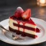 A slice of layered red velvet cheesecake with red berry glaze, fresh strawberries, and a silver fork on a white plate.