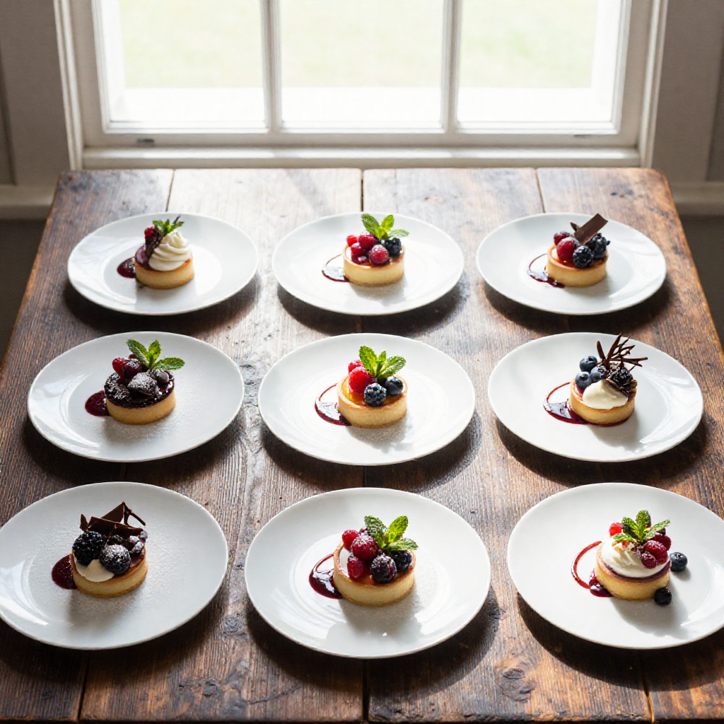 Top-down view of several quick desserts beautifully plated and garnished on a rustic wooden table.