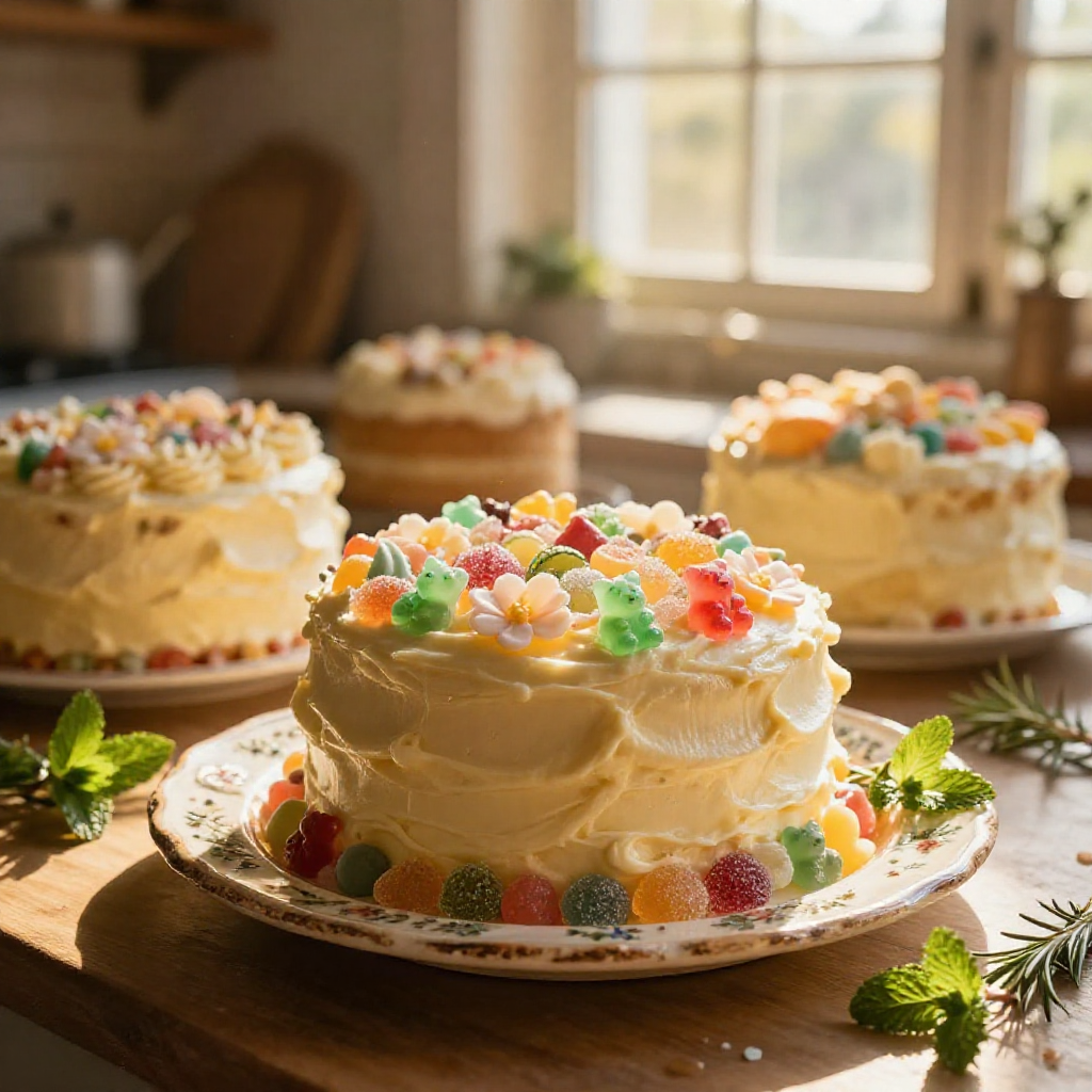 Multiple candy-adorned wedding cakes are elegantly displayed in a professional kitchen setting with soft window light.