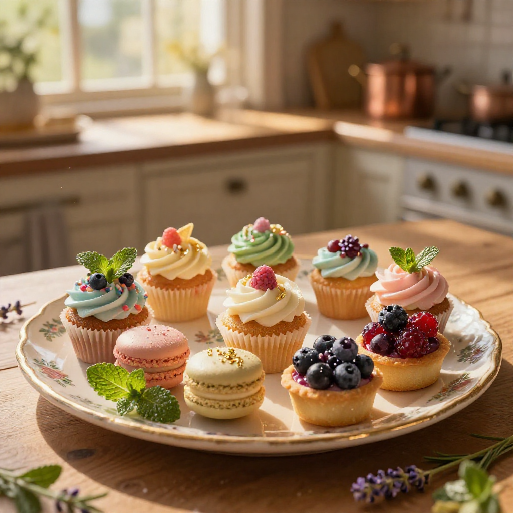 A close-up of a rustic kitchen countertop with a decorative plate and fresh green herbs, under natural light.