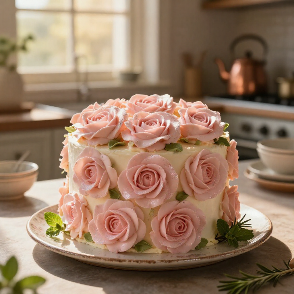 A delicate pink rose cake decorated with frosting petals and fresh herbs, lit by soft window light.