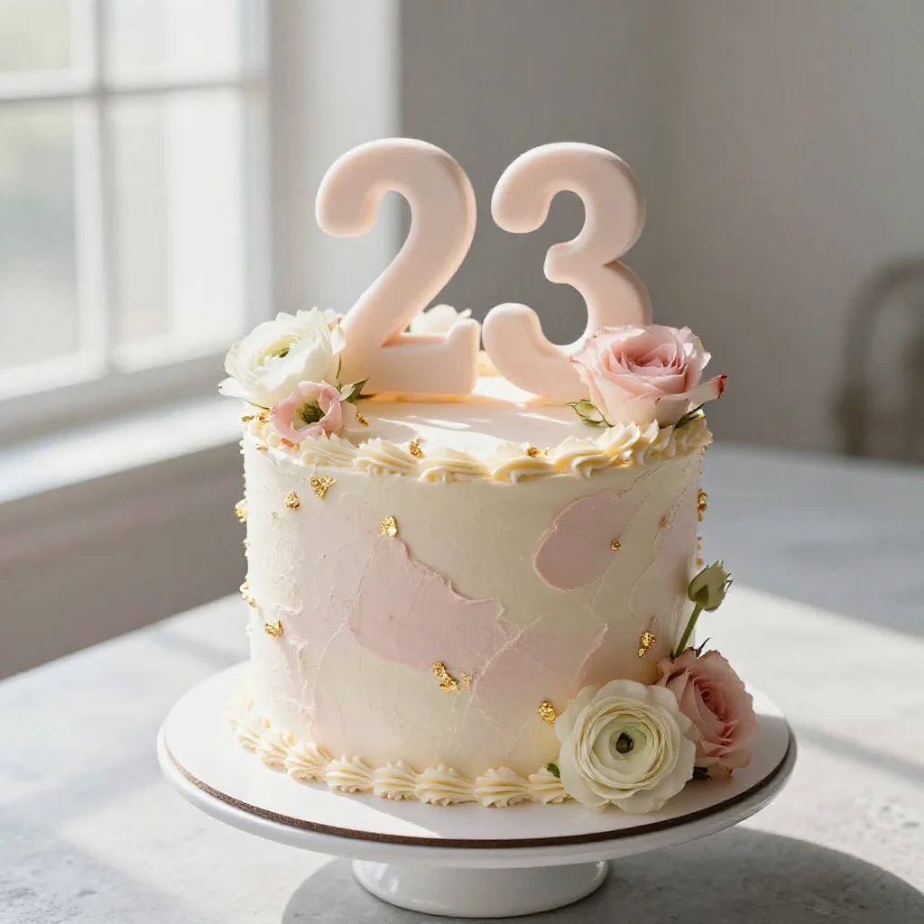 Close-up of a photorealistic 23rd birthday cake with delicate garnishes.