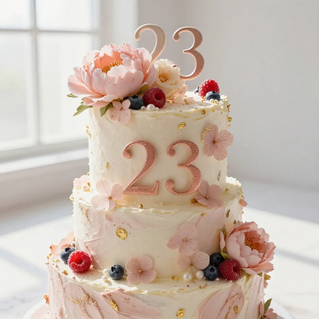 Close-up of an elegant 23rd birthday cake with delicate frosting and intricate details.