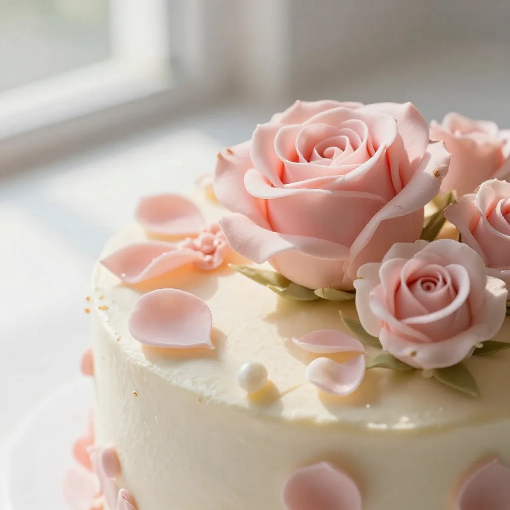 Close-up of a light pink, rose-themed dessert with intricate floral garnishes and a soft texture.