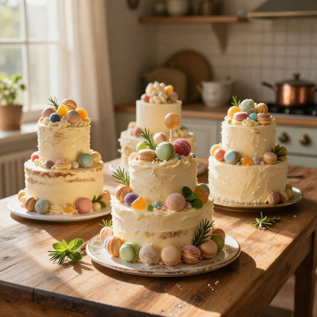 A photorealistic image of a multi-tiered wedding cake decorated with colorful candies, set in a sunlit kitchen.