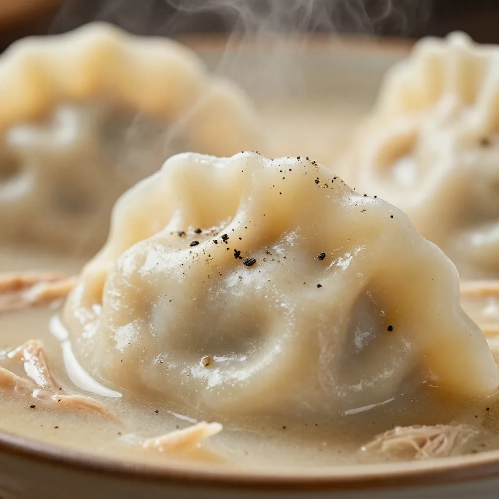 Macro shot of a tender, uneven dumpling covered in pepper, with clinging chicken and light beige broth.