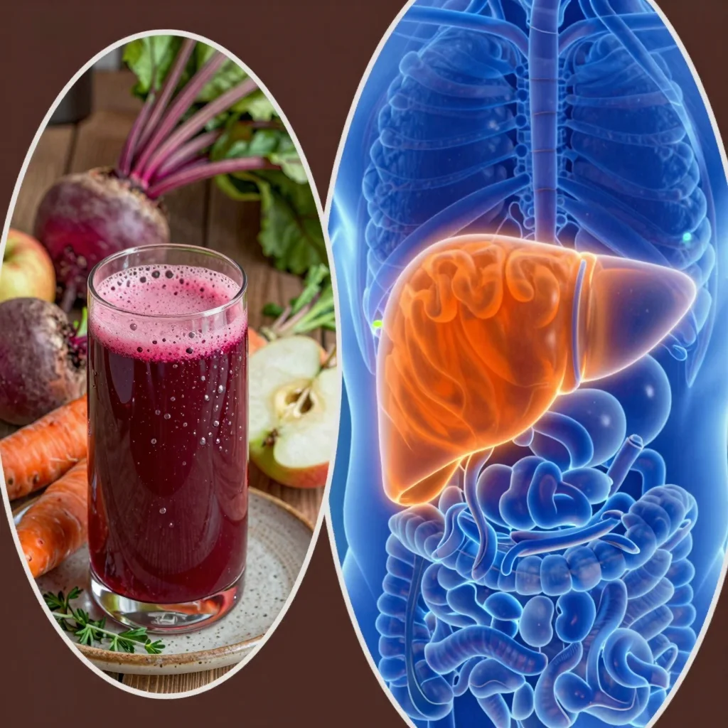 A photorealistic image of a natural liver cleanse juice in a warm kitchen, with whole fruits and vegetables nearby.
