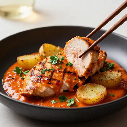 A close-up of creamy tomato chicken breast and crispy potato rounds served in a black bowl, with wooden chopsticks lifting a chicken slice.