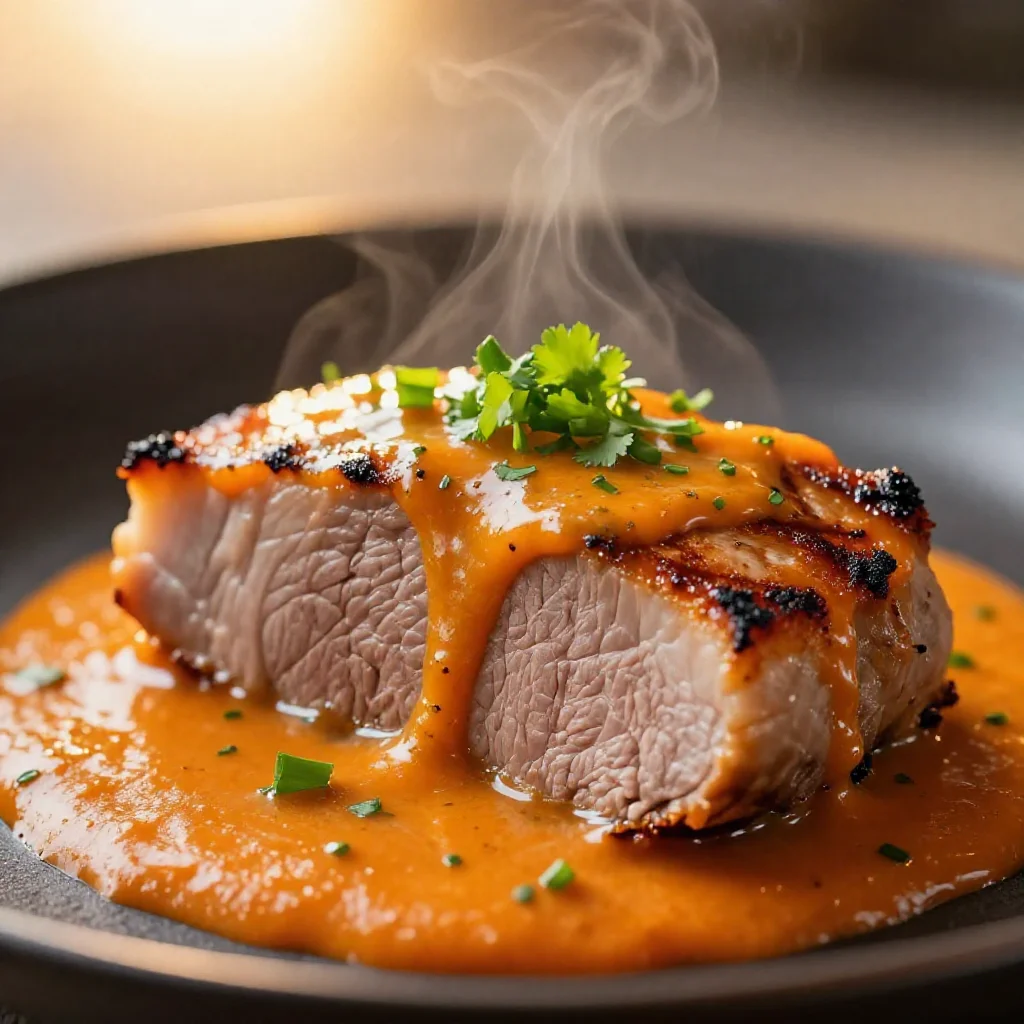 Extreme macro close-up of creamy tomato chicken breast with fresh green herbs in a black bowl.