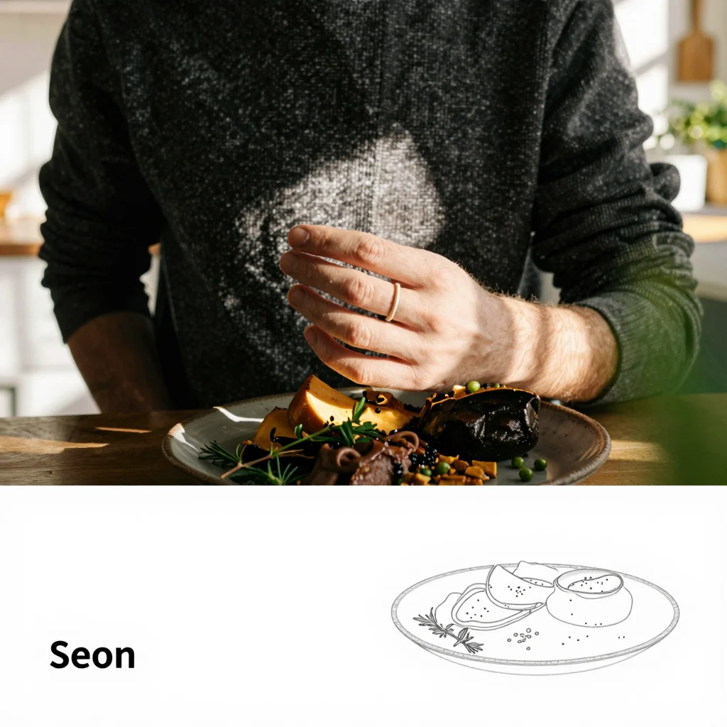 Food photography of a rustic meal on a table in a sunlit kitchen.