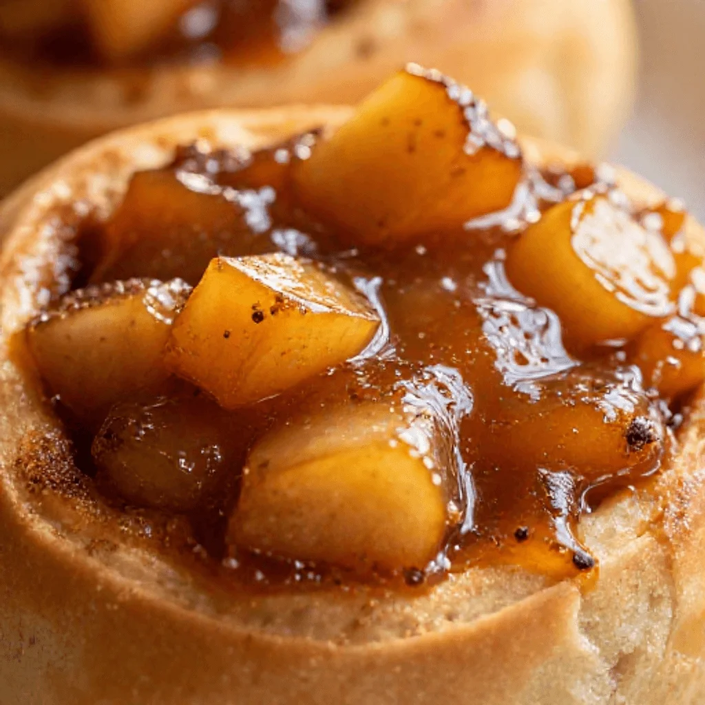 Close-up texture of diced apples in a syrupy glaze on a baked cinnamon roll, with blurred background.