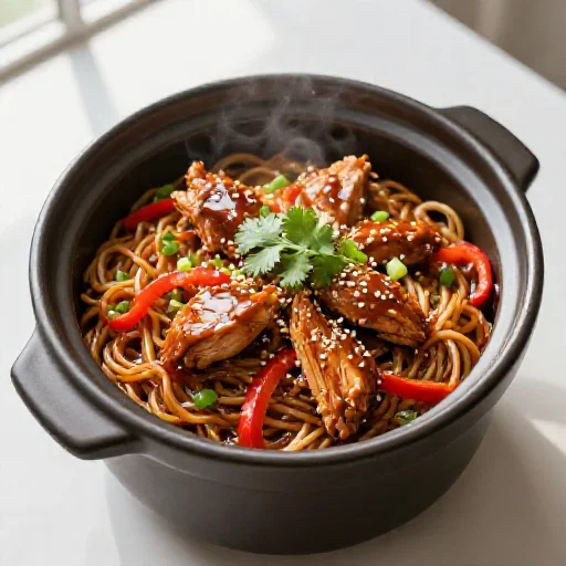 A dark ceramic crockpot filled to the brim with Crockpot Chicken Lo Mein, featuring chicken, noodles, peppers, and green onions.