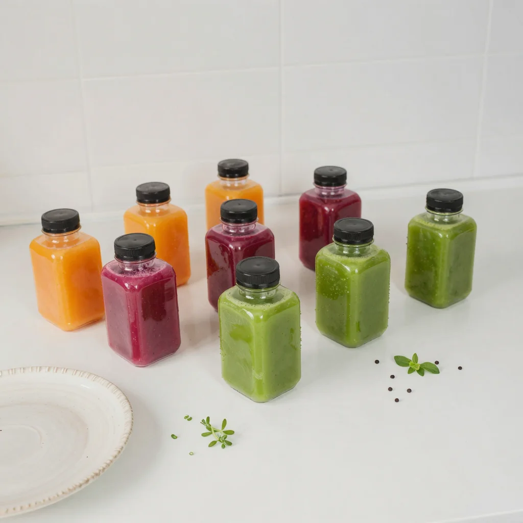 Green detox juice artfully presented on a rustic plate in a cozy kitchen, bathed in soft window light.