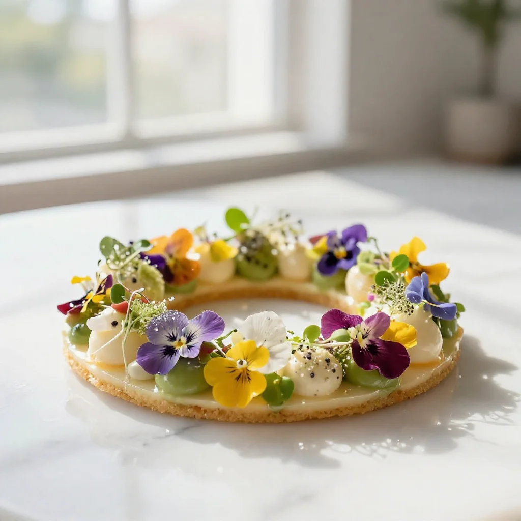 An ultra-detailed photograph shows a delicate arrangement of colorful edible flowers, likely a garnish.