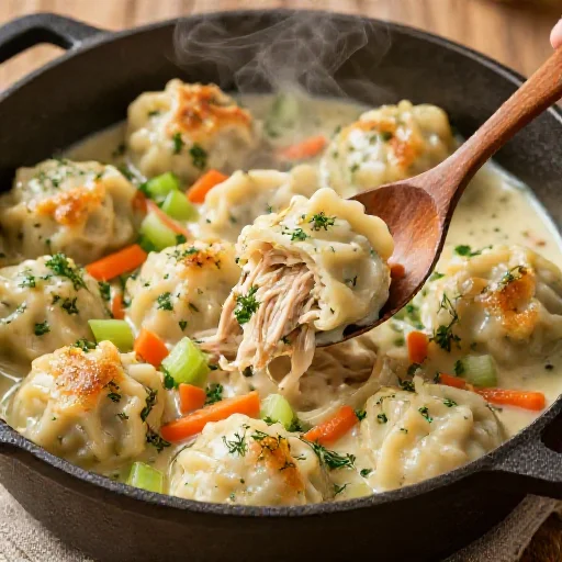 A hearty dish of chicken and dumplings with carrots and celery in a rich sauce, seen from above.