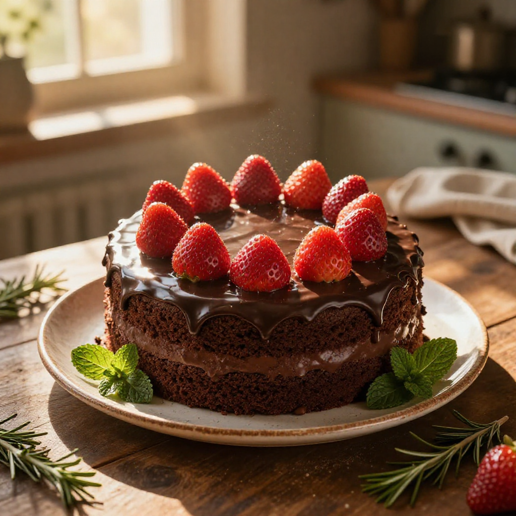 Delicious strawberry chocolate cake garnished with fresh herbs, lit by soft window light.