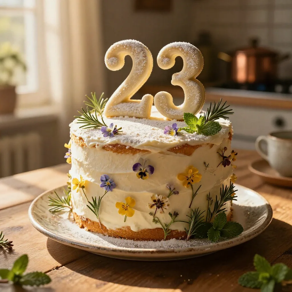 A beautifully decorated birthday cake, featuring fresh fruit and edible flowers, presented on a rustic plate bathed in soft window light.