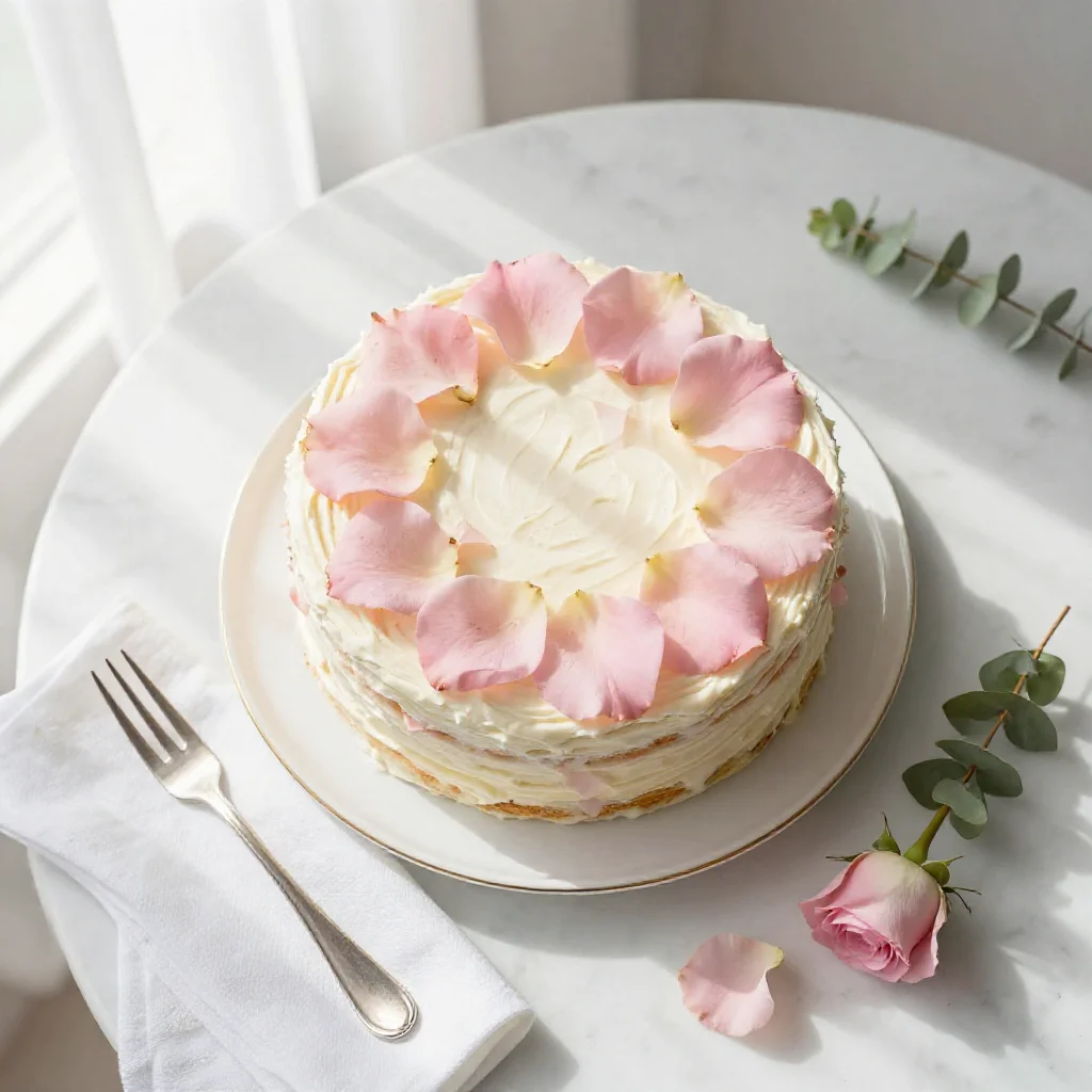 Overhead shot of a delicate rose petal cake on a clean plate amidst an airy table arrangement with natural light.