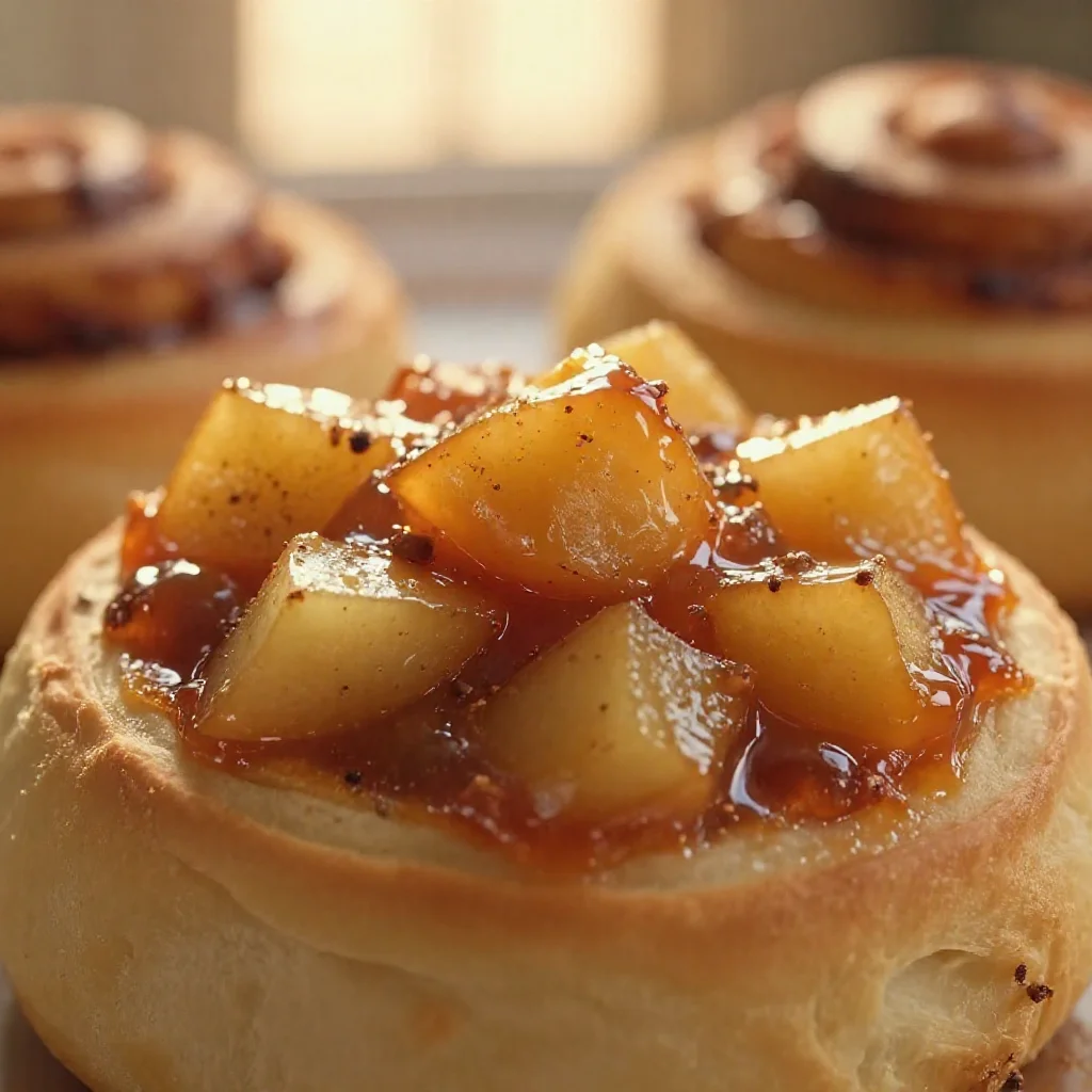 Macro shot showing sticky, diced caramel apples resting on a soft baked cinnamon roll.