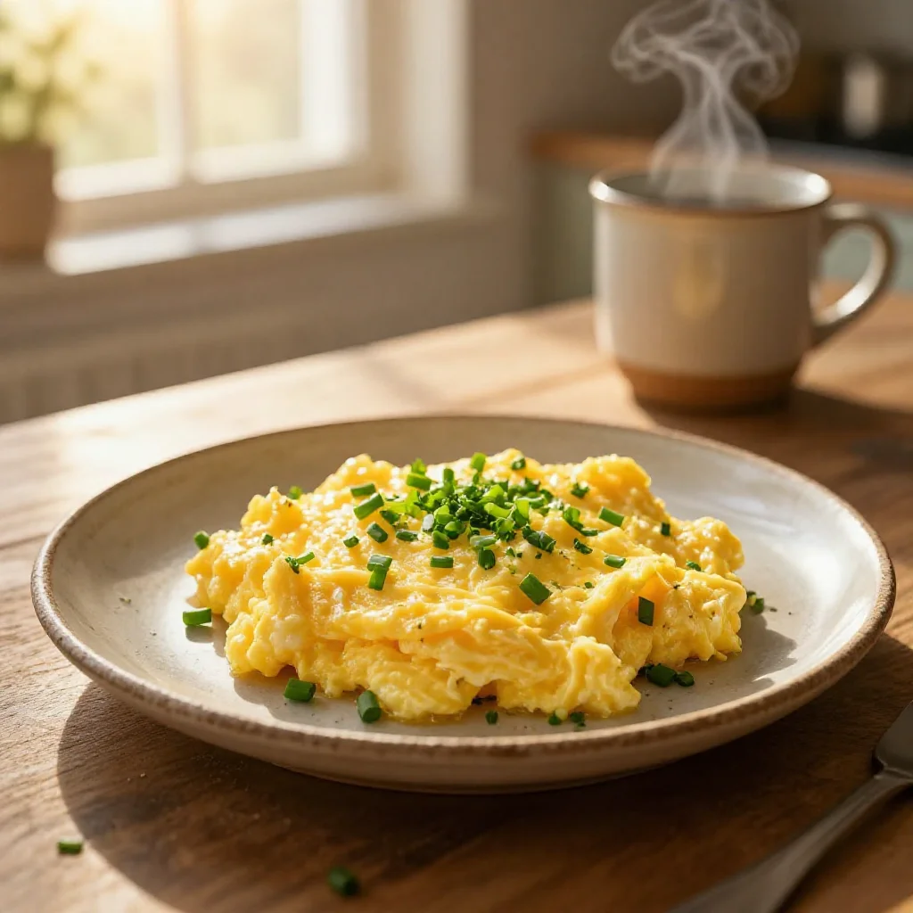 A close-up shot of classic scrambled eggs in a warm kitchen with soft window light.