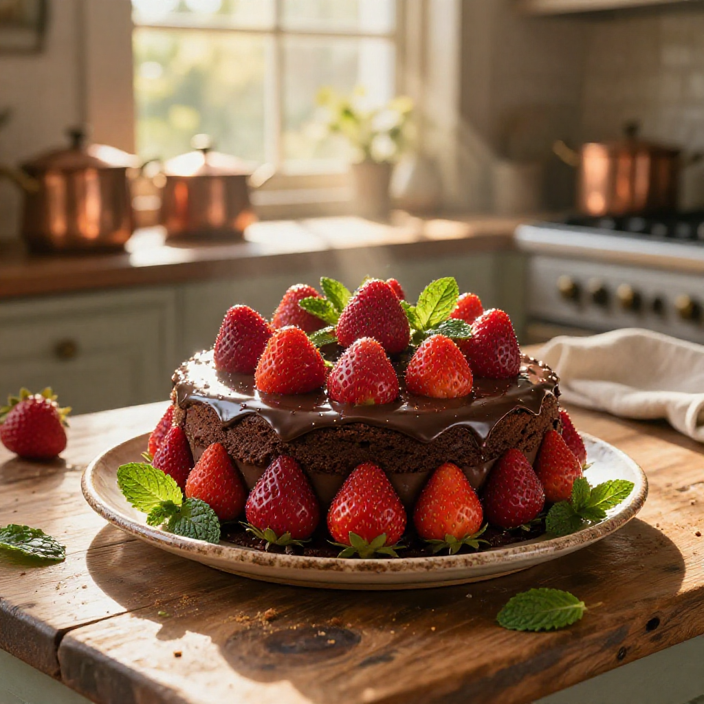 Chocolate cake with fresh strawberries and glaze in a warm kitchen setting.