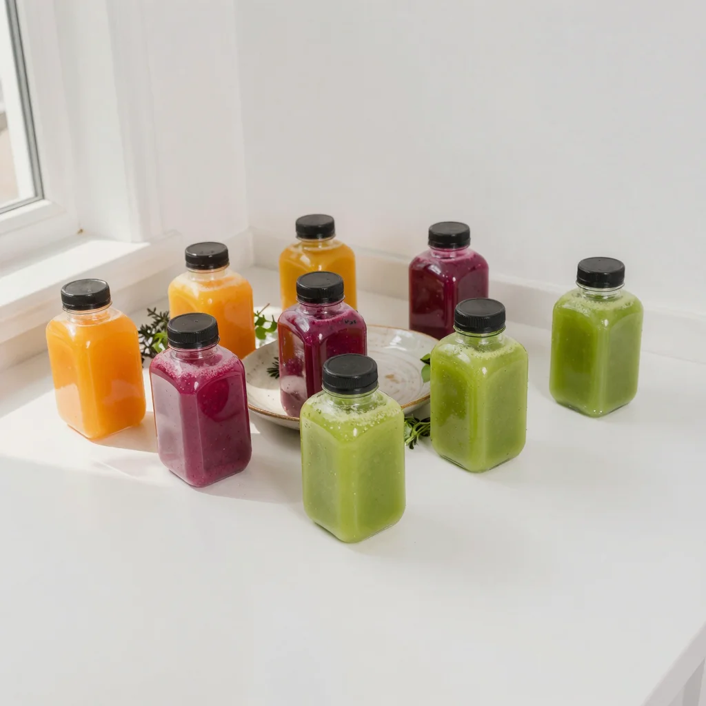 Healthy fruit and vegetable drinks displayed with fresh herbs.
