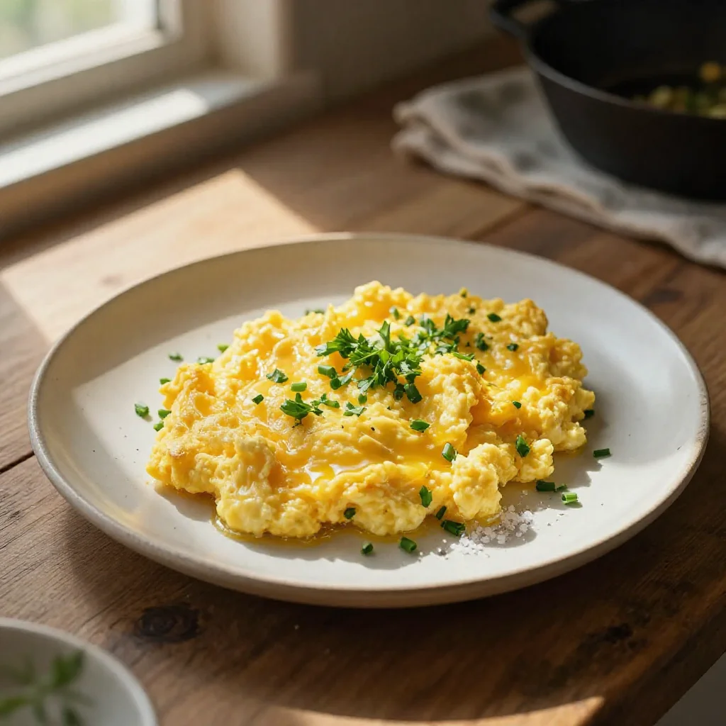 A close-up of golden scrambled eggs on a white plate with green herbs, lit by soft window light.