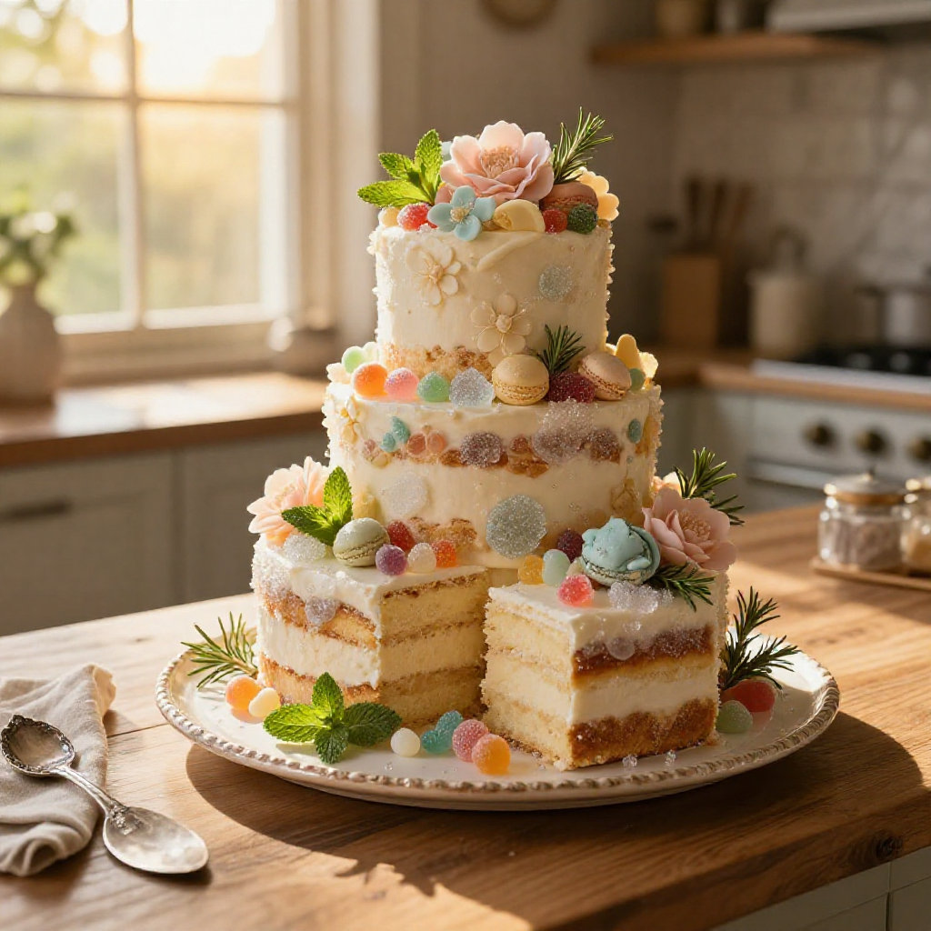 A professional photo of multiple candy wedding cakes on a vintage plate, lit by natural window light.
