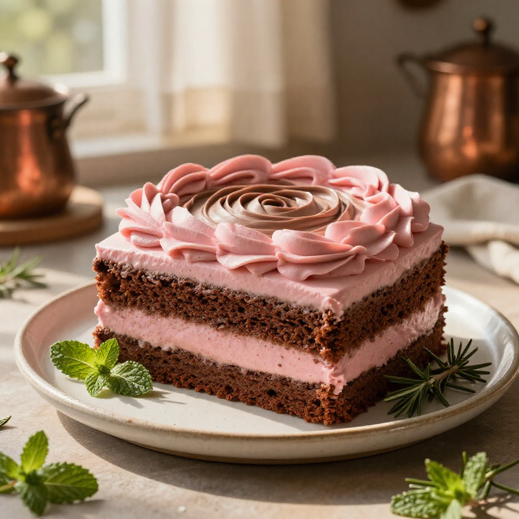 A photorealistic image of a pink and brown cake on a ceramic dish, garnished with fresh herbs.