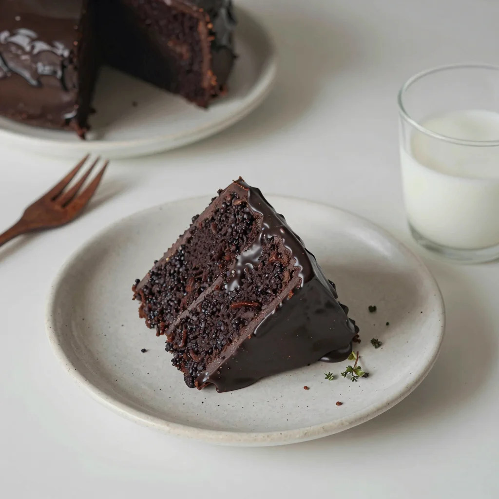 A decadent chocolate cake slice, garnished with fresh herbs, presented from a 45-degree angle in a warm kitchen.