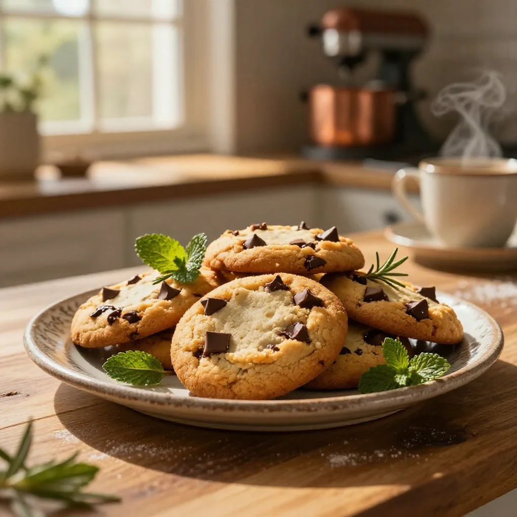 A close-up view of golden-brown chocolate chip cookies with scattered green herbs, presented on an antique plate in natural, sunlit kitchen.