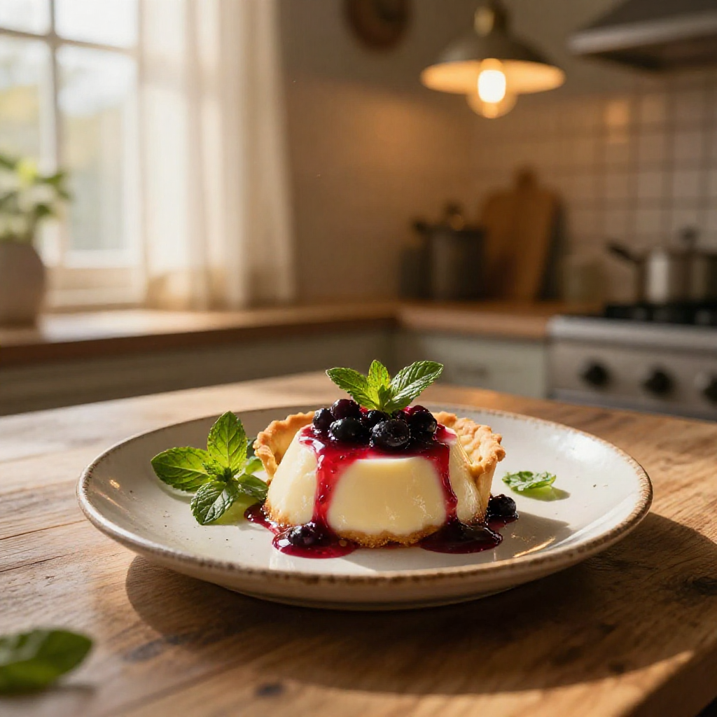 Close-up of a freshly prepared dessert garnished with herbs, styled on a decorative plate for food photography.