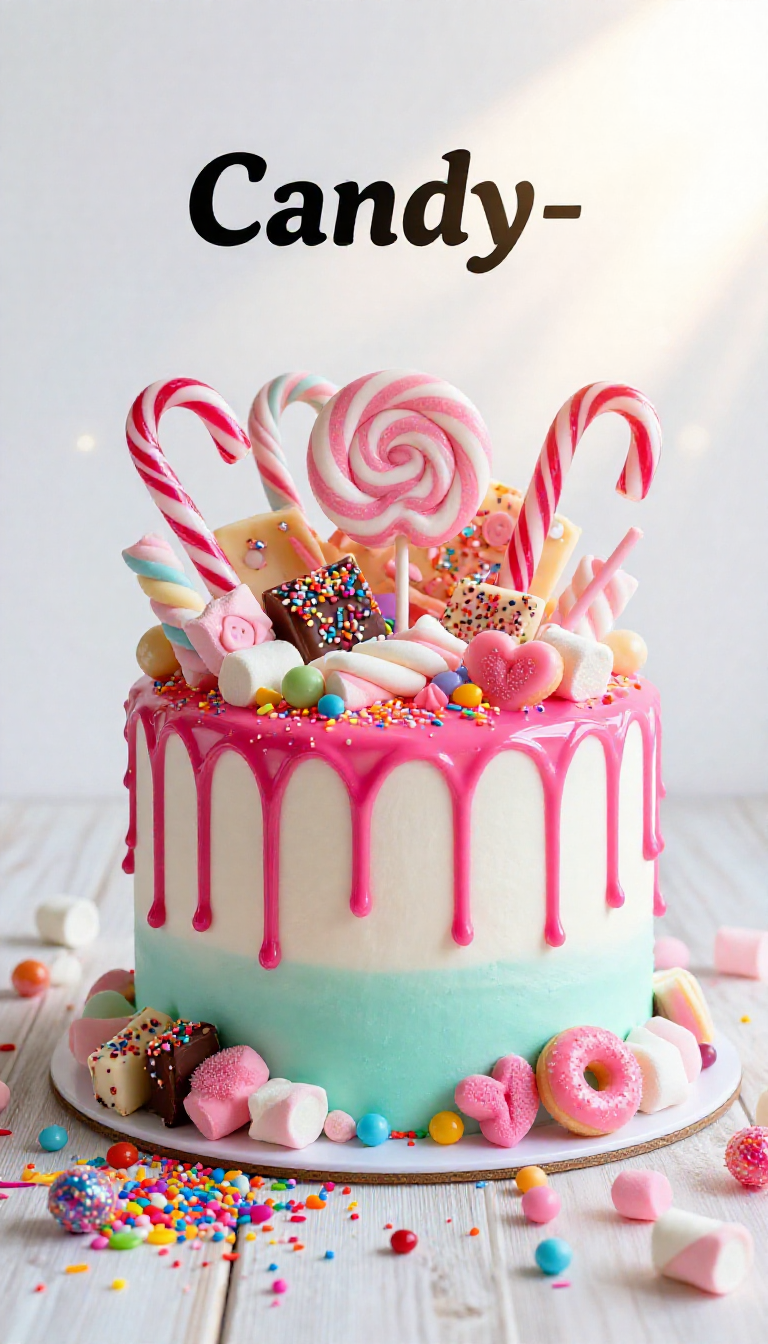 Save this A photorealistic, elaborately decorated dessert cake, adorned with various pink and colorful candies, on a distressed wooden table, with 