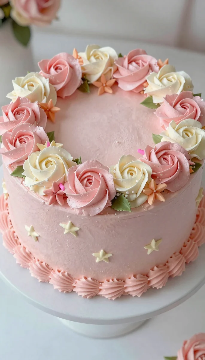 Save this A professional photograph of an intricately decorated two-tier light pink cake with floral and ruffle piping. on Pinterest