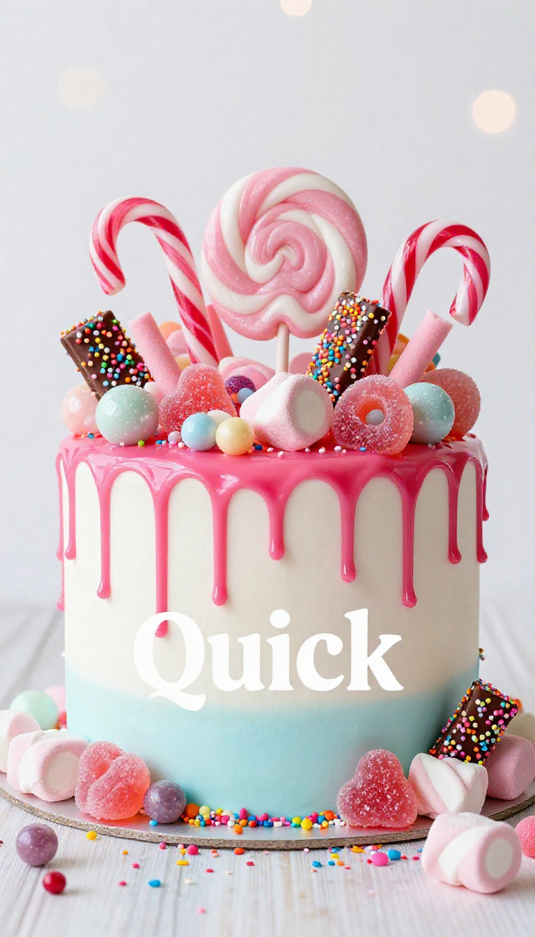 Save this A photorealistic image of an elaborate candy-themed cake featuring pink and white marshmallows, red and white candy canes, and sprinkle-adorned chocolate bars, with the word 