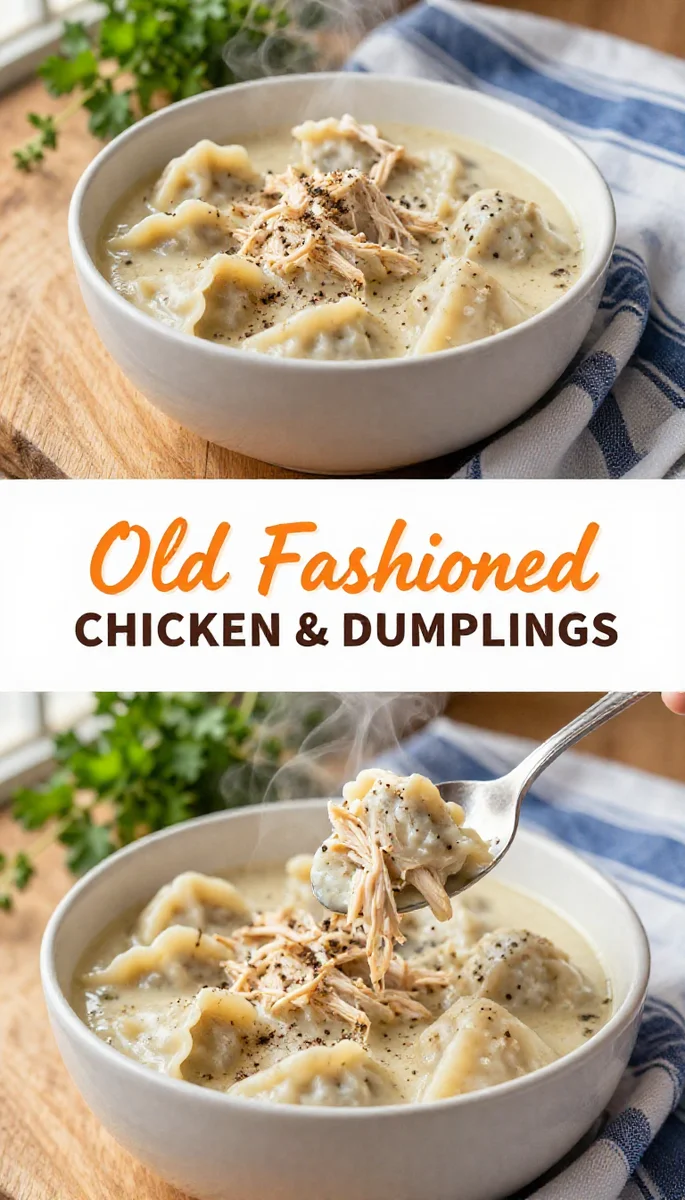 Save this A photorealistic image displaying a hearty chicken and dumplings dish, with a top-down view and a close-up spoon shot, labeled 