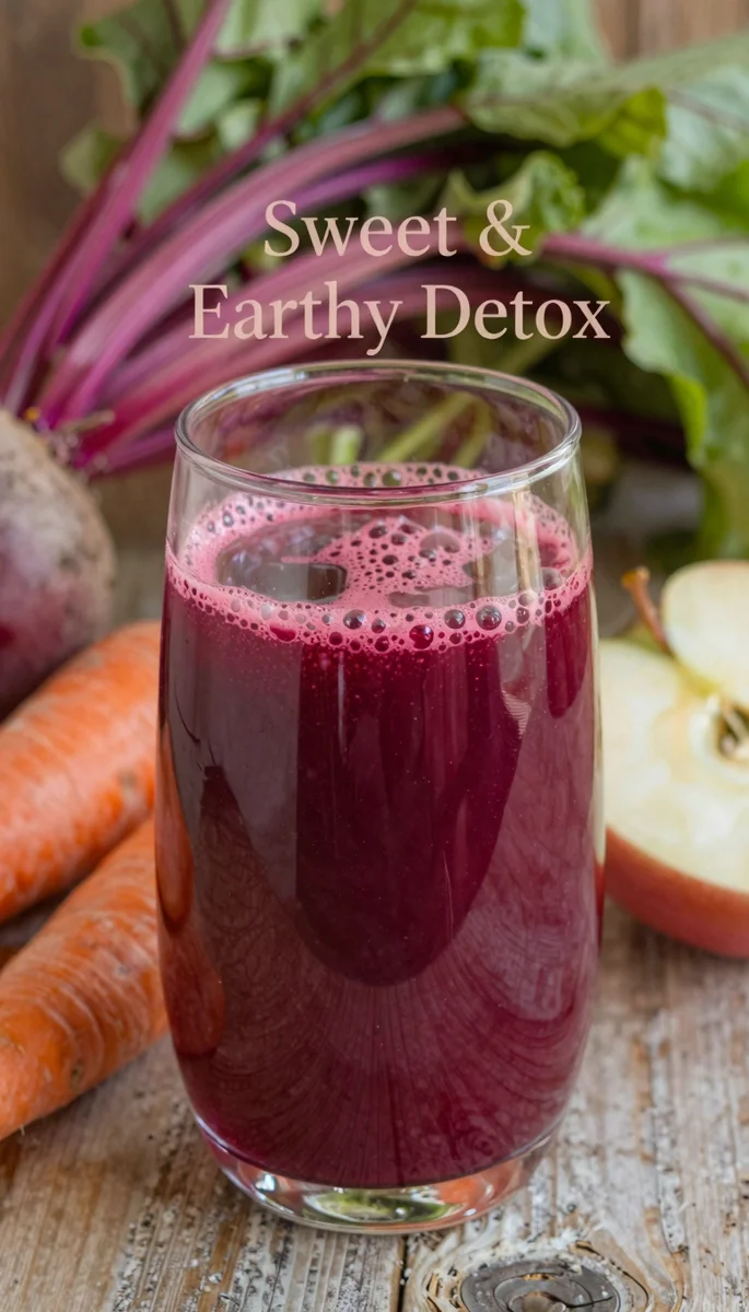 Save this A healthy beet, apple, and carrot juice drink with its ingredients blurred in the background, featuring the words 