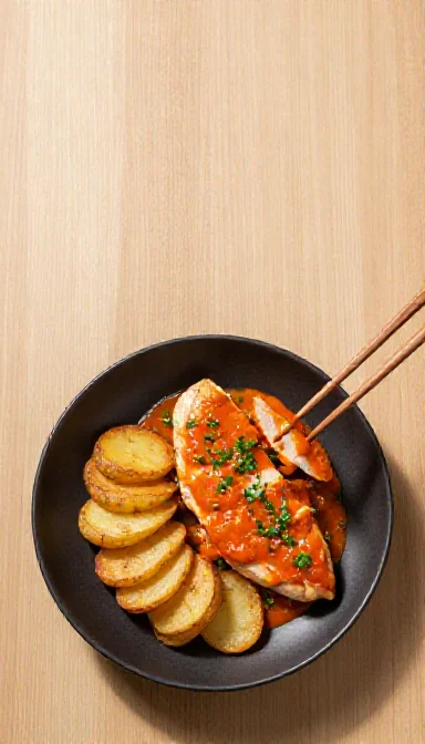 Save this A matte black bowl holds creamy tomato chicken breast with chopped herbs and potato rounds, with wooden chopsticks lifting a piece of chicken. on Pinterest