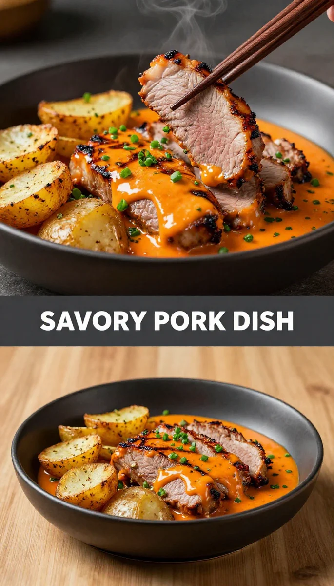Save this Photorealistic image of grilled pork slices coated in rich sauce, accompanied by crispy potatoes, served in a black ceramic bowl on wood. on Pinterest