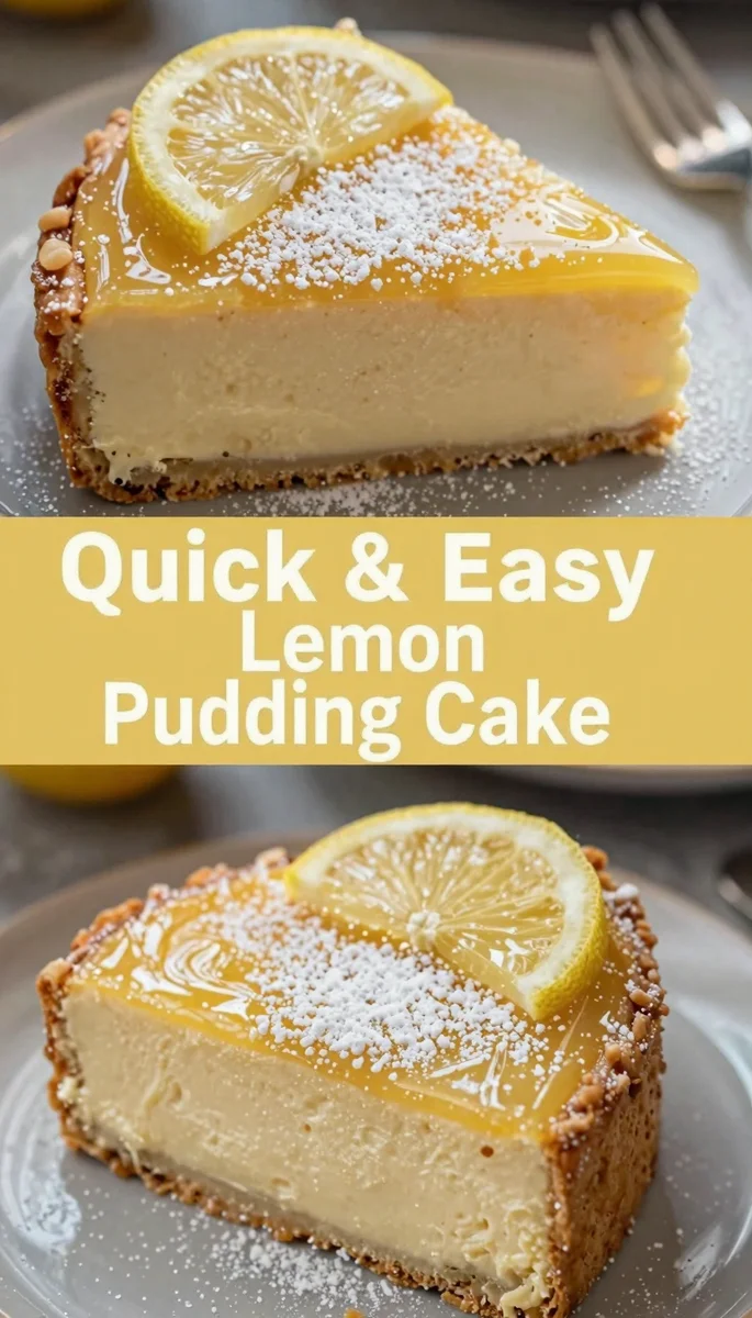 Save this Professional food photo of a lemon pudding cake slice on a light grey plate, seen from a 3/4 angle, repeated in upper and lower sections. A yellow central banner displays 