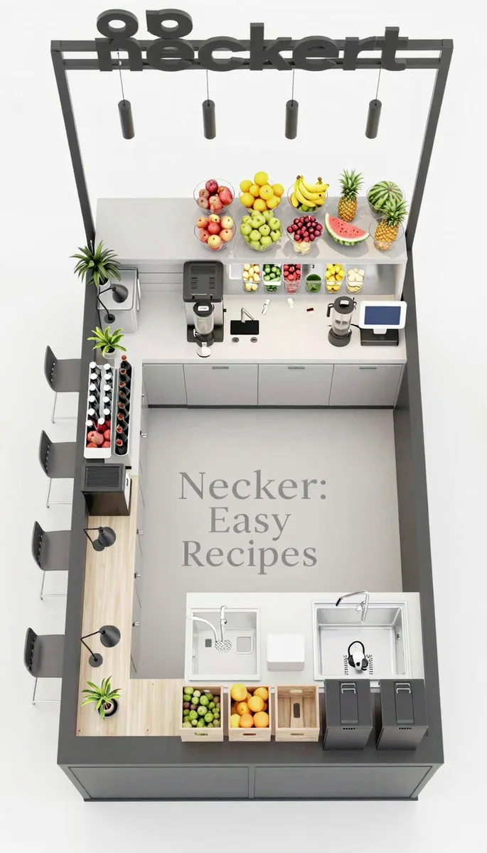 Save this A professional rendering of a clean juice bar with a light grey counter, black metal frame, and diverse fresh ingredients, displaying 