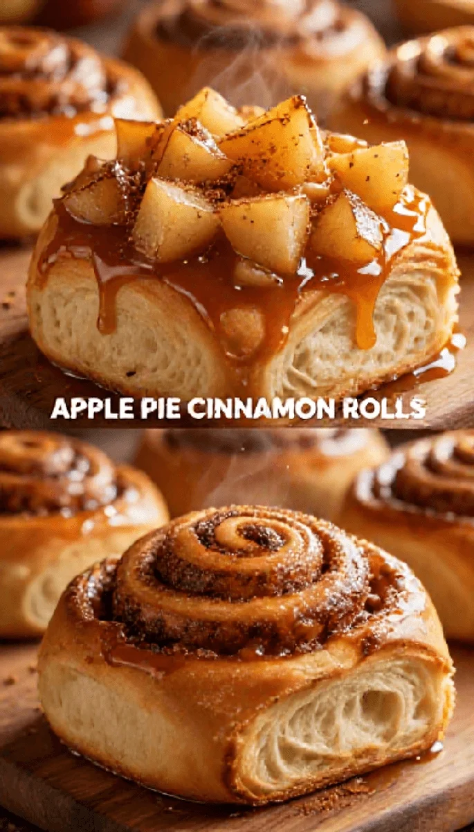 Save this Appetizing golden-brown apple pie cinnamon rolls featuring tender apple pieces and a glossy caramel topping, split by a text banner. on Pinterest