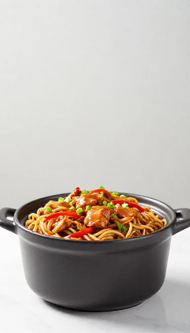 Save this Chicken Lo Mein in a crockpot, presented from directly above, with chicken, noodles, bell peppers, and green onions visible against a clean background. on Pinterest
