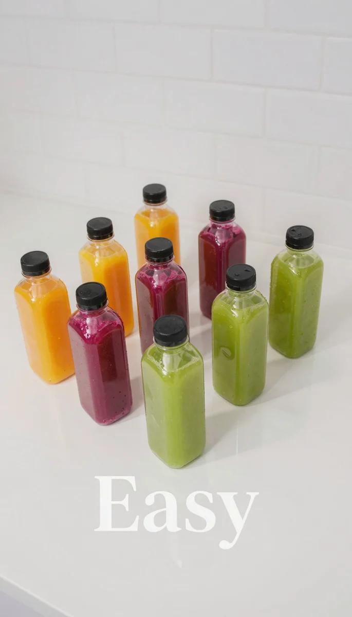 Save this Brightly lit image of detox juice bottles with black caps, scattered on a white surface, prominently featuring the word